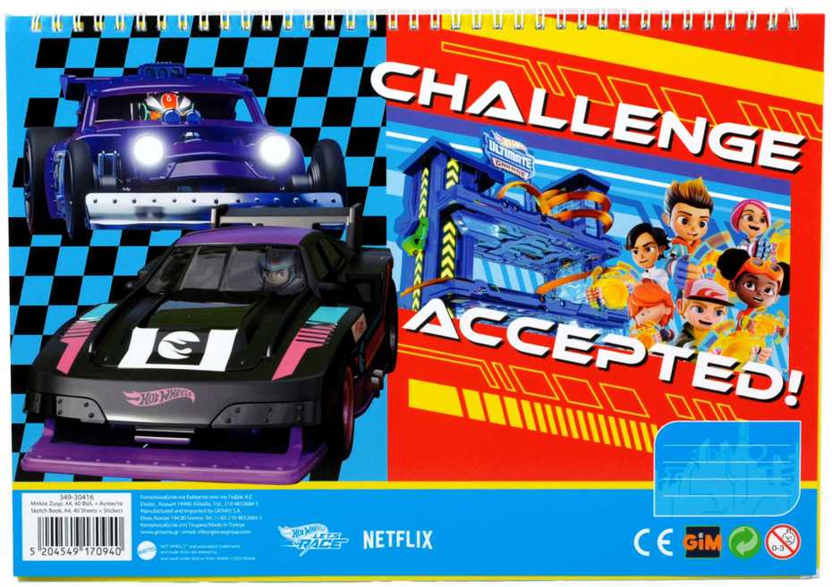 „Hot Wheels Challenge“ A/4 spiralinė eskizų knygelė su 40 lapų ir lipdukais