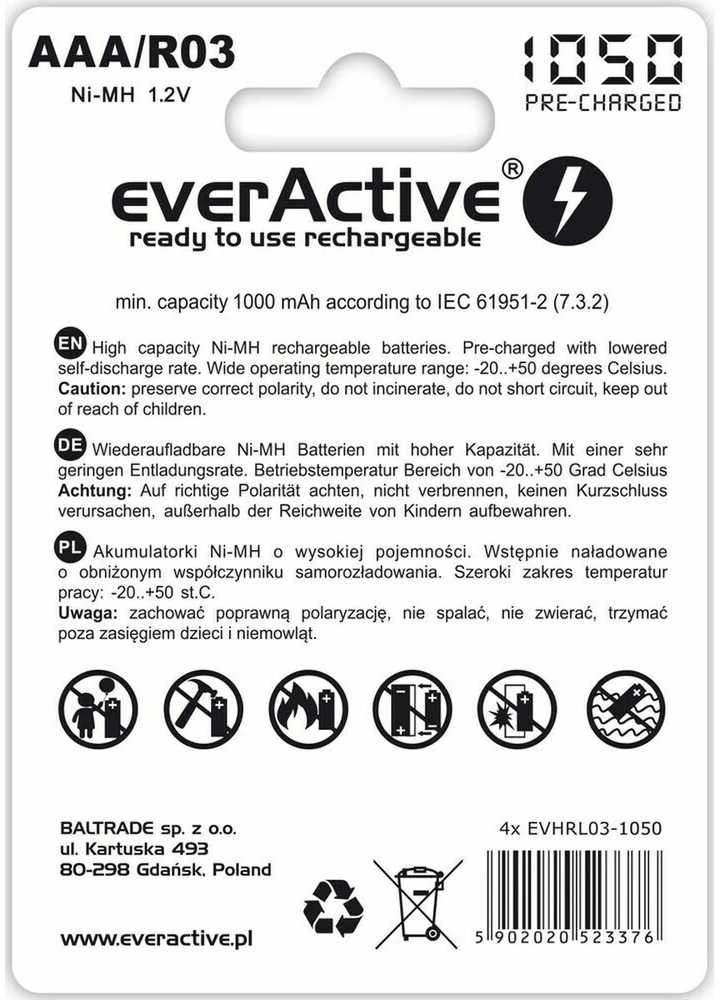 Įkraunamos baterijos everActive Ni-MH R03 AAA 1050 mAh Professional Line