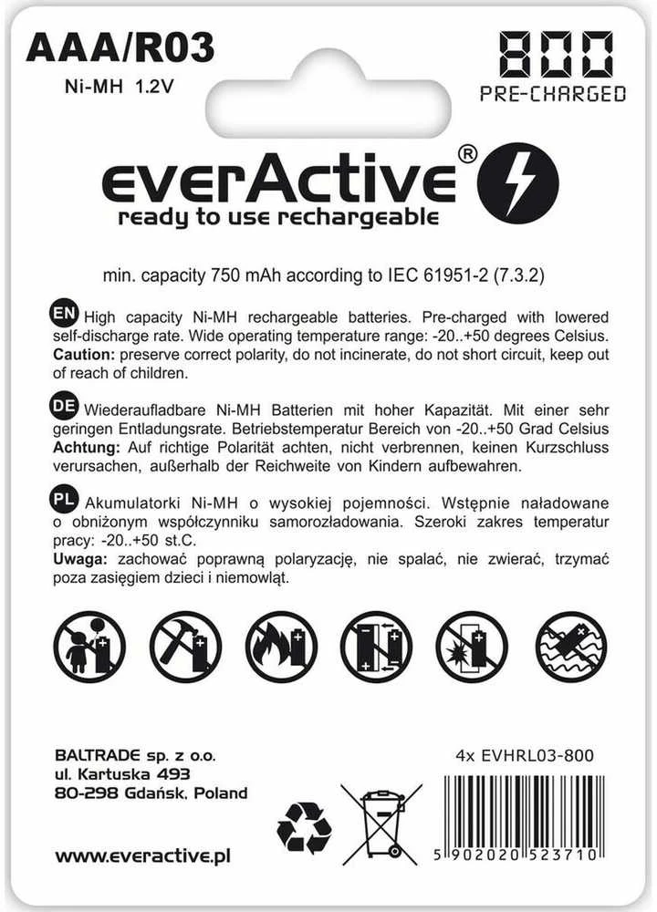 Įkraunamos baterijos everActive Ni-MH R03 AAA 800 mAh Sidabrinis Line