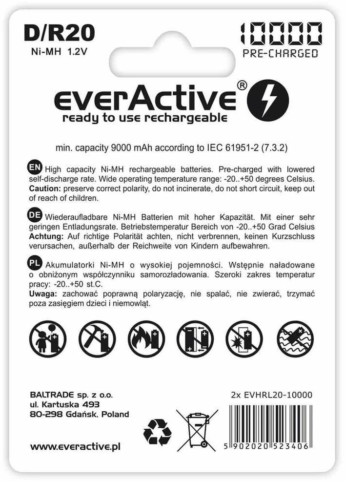 Akumuliatorius - Everactive R20/D Ni-MH 10 000 mAh