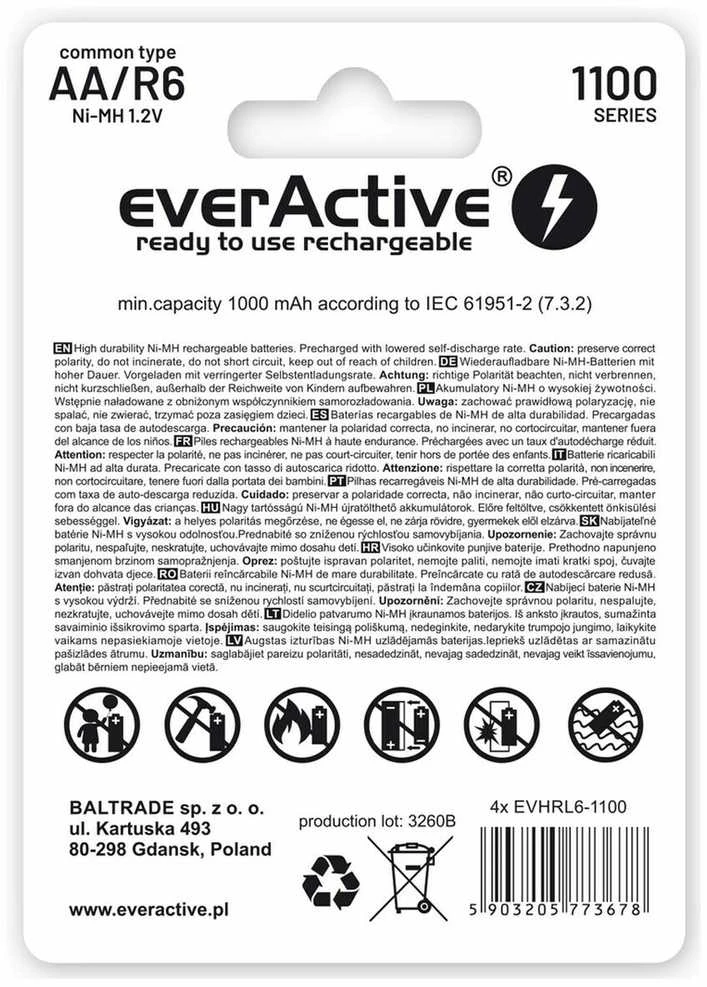 EVERACTIVE AA / R6 BATERIJOS EVERACTIVE NI-MH 1100 MAH INFINITY LINE - BLISTERIS PO 4 VNT. EVHRL6-1100