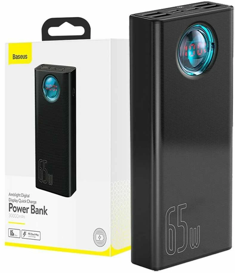 LiPo išorinis akumuliatorius (Powerbank) 30000mAh 65W su PD3.0 QC3.0 4xUSB + USB C Amblight juodas BASEUS