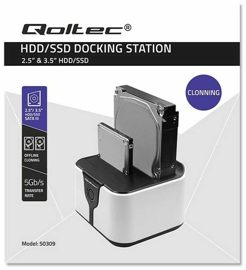 Qoltec 50309 HDD SSD 2,5" 3,5" prijungimo stotelė | SATA III | USB 3.0 | Super greitis 5Gb/s | su klonavimo funkcija