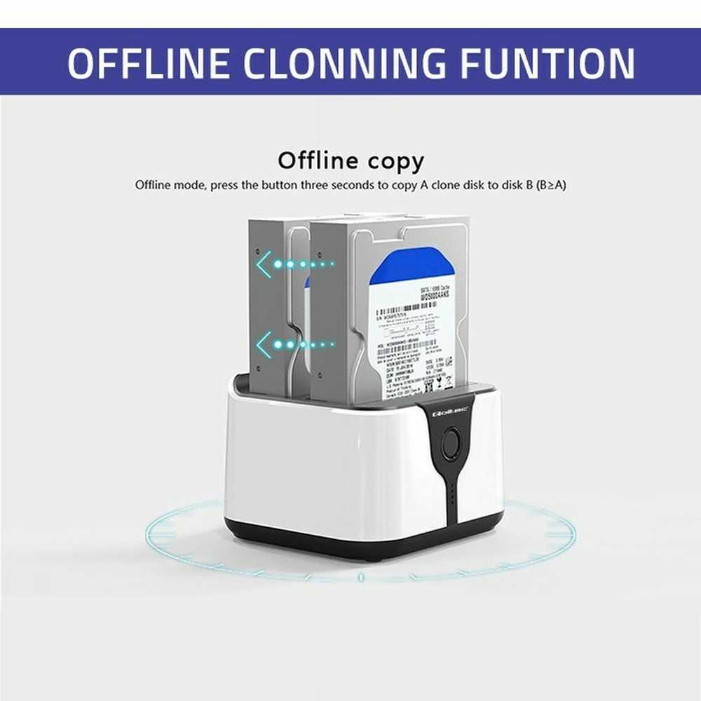 Qoltec 50309 HDD SSD 2,5" 3,5" prijungimo stotelė | SATA III | USB 3.0 | Super greitis 5Gb/s | su klonavimo funkcija