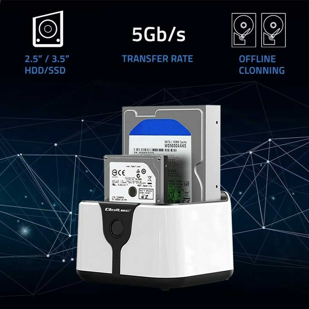 Qoltec 50309 HDD SSD 2,5" 3,5" prijungimo stotelė | SATA III | USB 3.0 | Super greitis 5Gb/s | su klonavimo funkcija