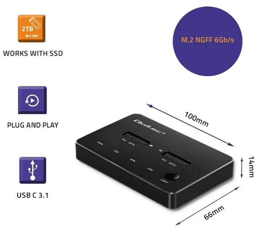 QOLTEC 50310 Drive Docking Station 2x SSD M.2 SATA / NGFF / USB Type C