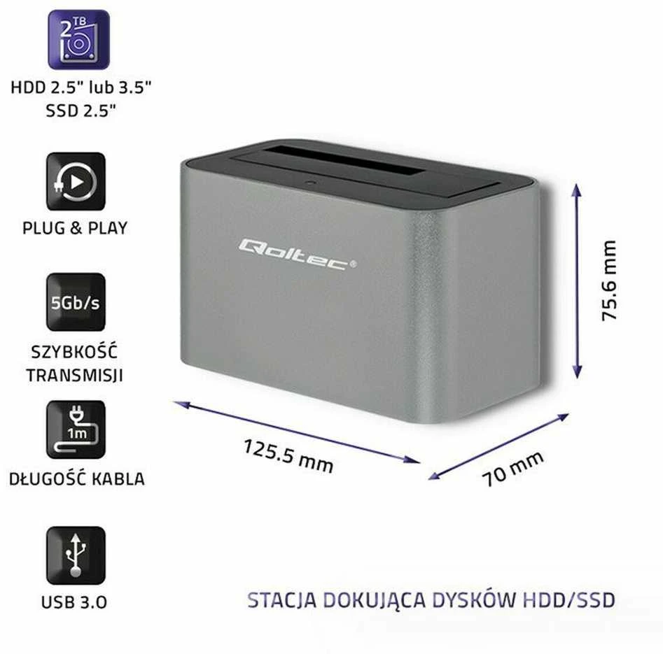 QOLTEC 50315 HDD / SSD prijungimo stotis 2,5 colio / 3,5 colio SATA USB 3.0