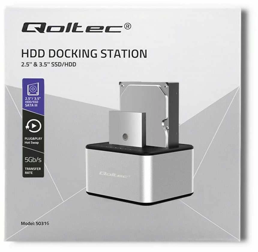 QOLTEC 50316 2x HDD / SSD prijungimo stotelė 2,5 / 3,5 colio SATA USB 3.0 klonavimas