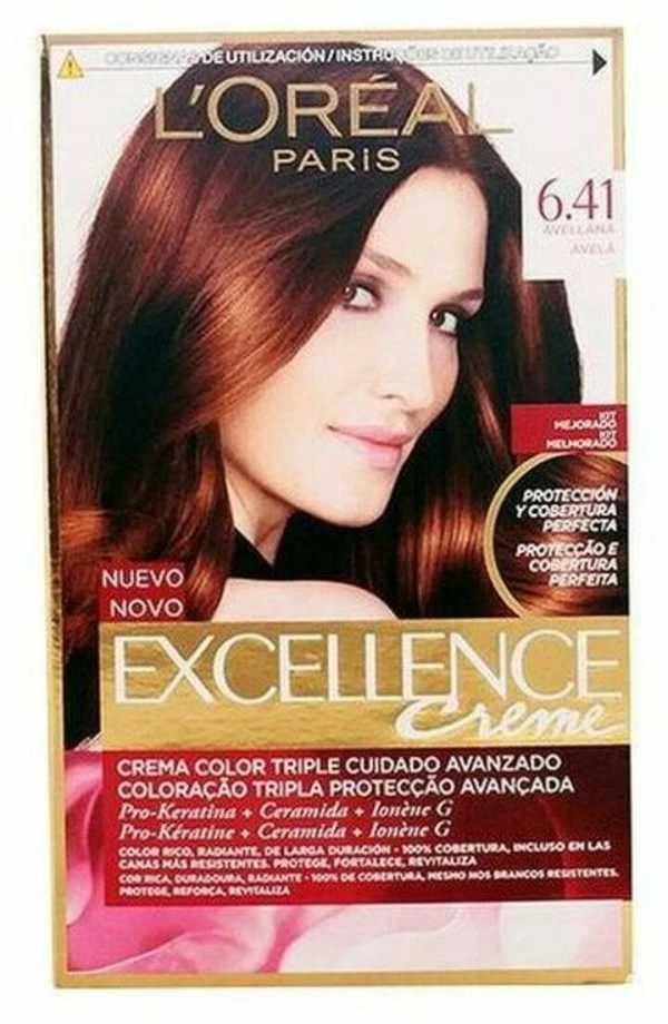 L'Oreal Excellence 6.41 riešutinės spalvos dažų pakuotė