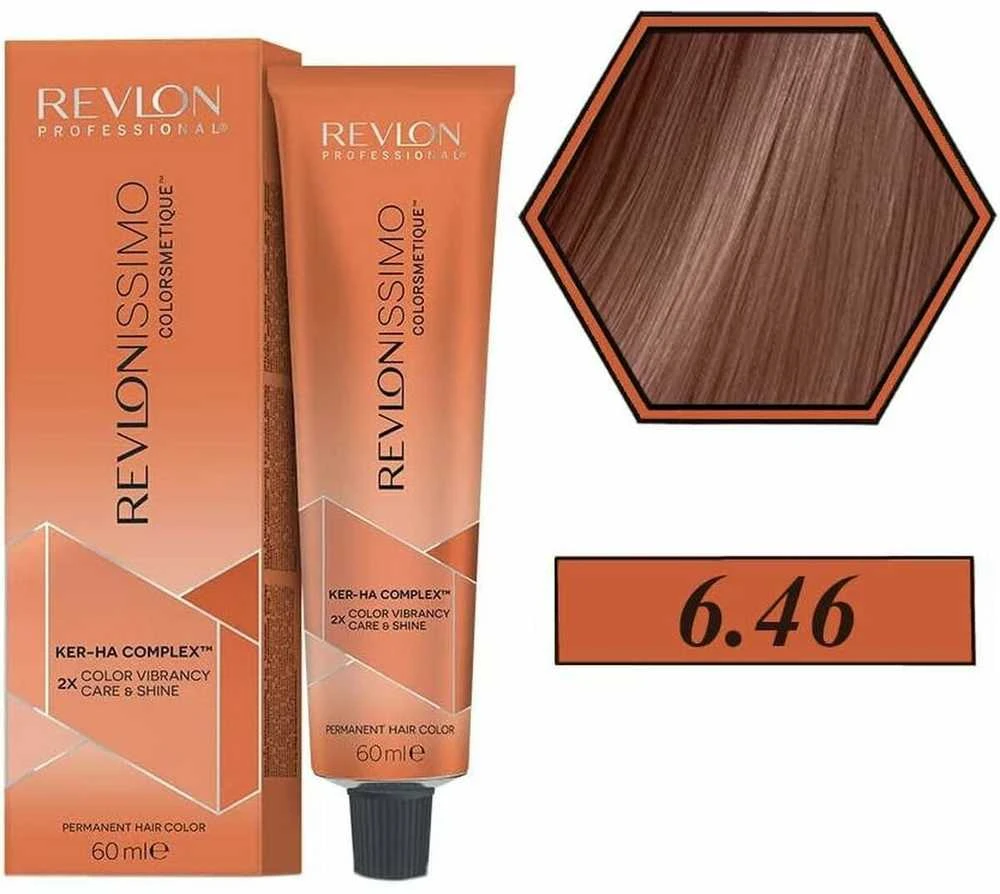 Revlonissimo 6.46 plaukų dažu tūbelė ir atspalvio pavyzdys