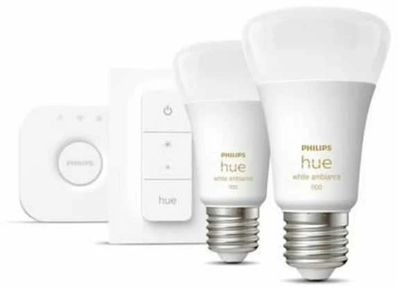 Philips Hue "White ambiance” pradžios rinkinys: 2 E27 išmaniosios lemputės (1100) + šviesos reguliatoriaus jungiklis