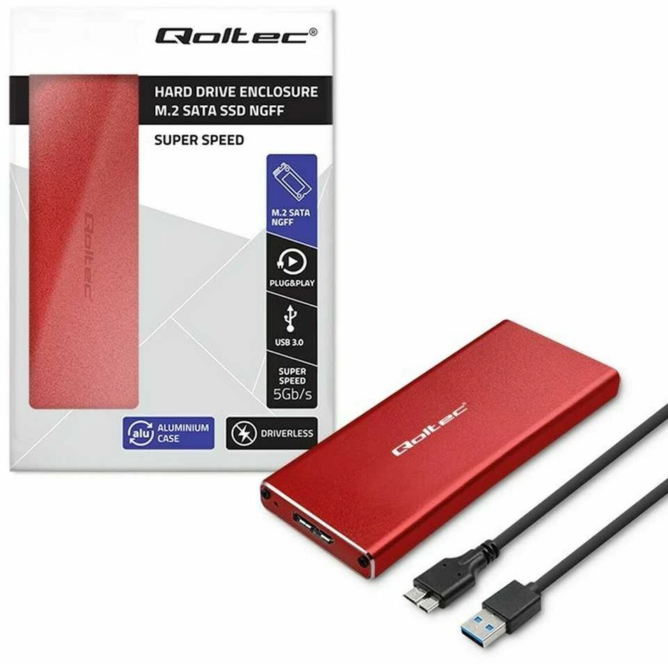 Qoltec 51831 Korpusas | M.2 SSD diskas | SATA | NGFF| USB 3.0 | Super greitis 5Gb/s | 2TB | Raudona
