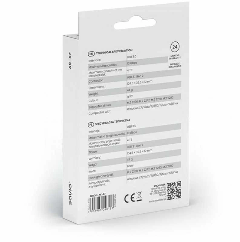 Savio M.2 SSD NVMe išorinio disko korpusas, USB-C 3.1, AK-67, pilkas