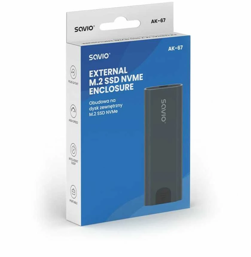 Savio M.2 SSD NVMe išorinio disko korpusas, USB-C 3.1, AK-67, pilkas