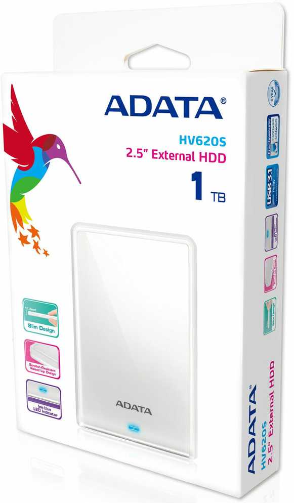 Išorinis kietasis diskas Adata HV620S 1TB 2.5", USB 3.1 (suderinamas su USB 2.0), Baltas