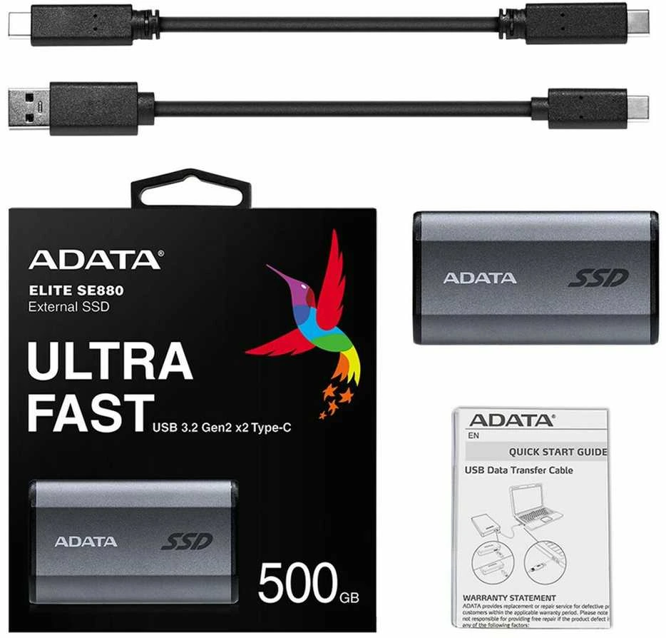 Išorinis kietasis diskas SSD Adata SE880 500GB, rašymo greitis 2000 MB/s, skaitymo greitis 2000 MB/s