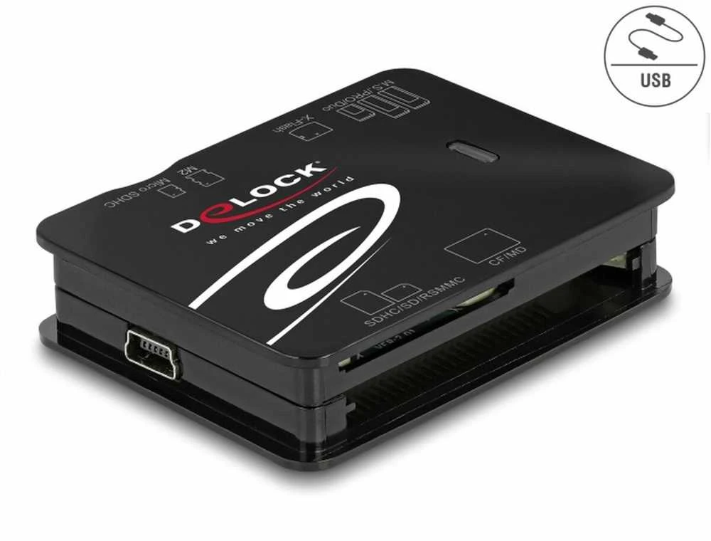 Skaitytuvas Delock USB 2.0 kortelių skaitytuvas CF / SD / Micro SD / MS / xD / M2 atminties kortelėms, CF, MMC, MS Duo, MS Micro (M2), MicroSD (TransFlash), SD, xD, Juodas, 480 Mbit/s, USB 2.0, 43.5 mm, 56.6 mm