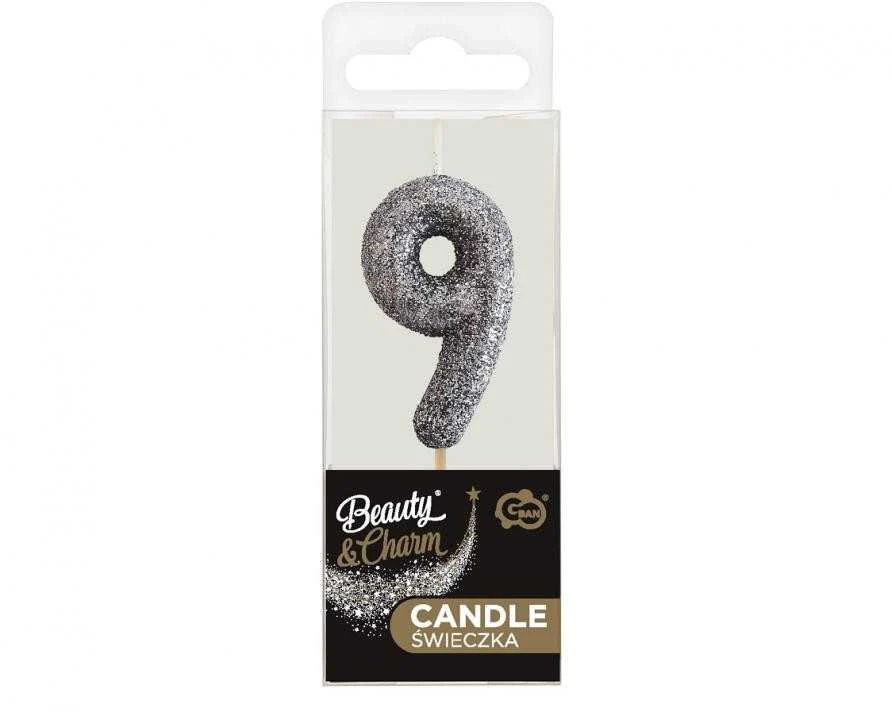 GoDan Cake žvakė numeris 9 blizgučiai, juoda 11,5x3,5 cm Godan