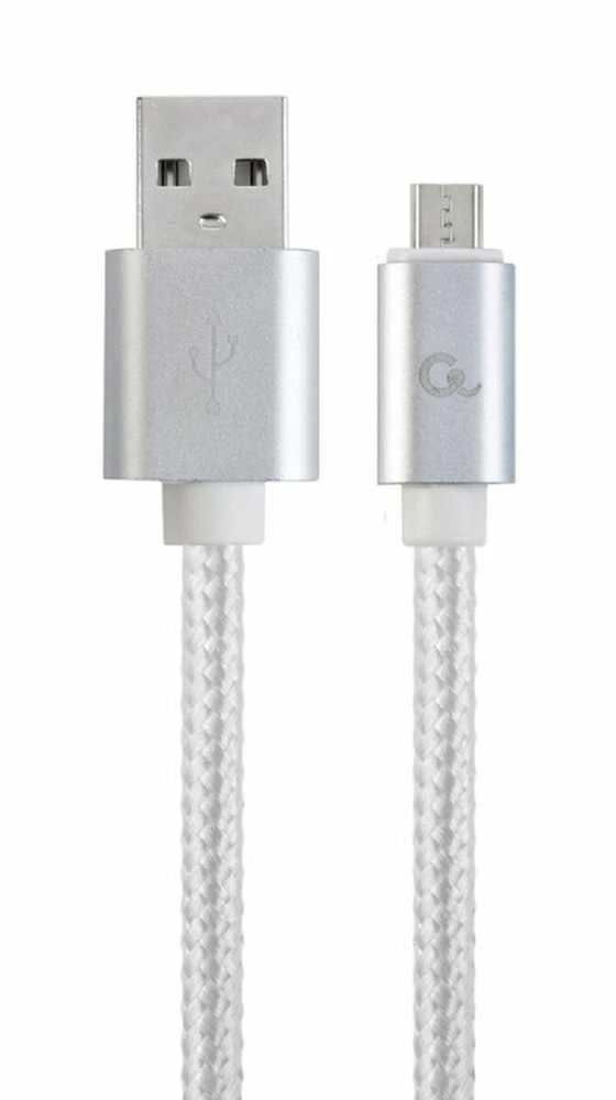 Gembird „Cablexpert“ medvilninis pintas „Micro-USB“ laidas su metalinėmis jungtimis, 1,8 m, sidabrino spalvos, lizdinėje plokštelėje | „Cablexpert“