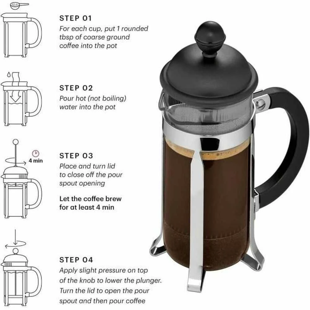 French press kavinukas su naudojimo instrukcija