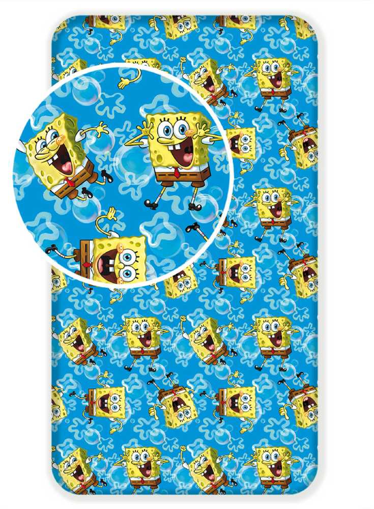 Prześcieradło bawełniane su gumką 90x200 Sponge Bob Kanciastoporty 0937 mėlyna gąbka SpongeBob
