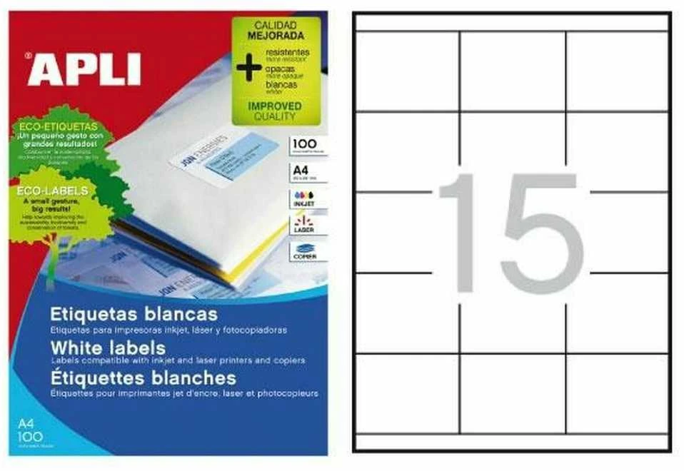 Lipnios etiketės Apli, A4, 70×50.8mm, 15 etikečių lape, 100 lapų, baltos spalvos
