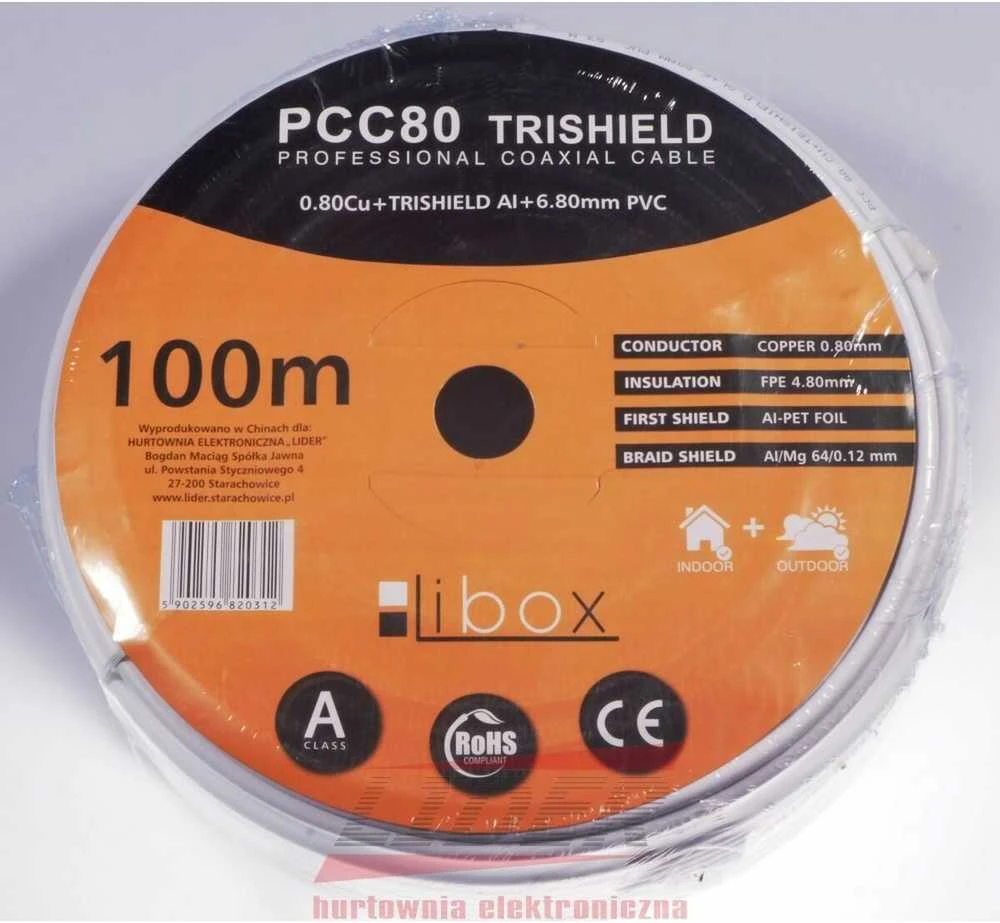 Libox Kabelis koncentryczny PCC80 100m koaksialinis kabelis RG-6/U Baltas