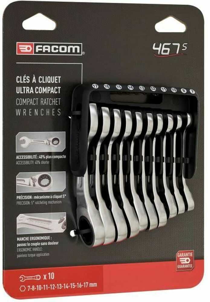 Facom 467BS.JP10PB reketiniai kombinaciniai raktai, 10 vnt., 72 dantys, 15° poslinkis, trumpa rankena, OGV® profilis