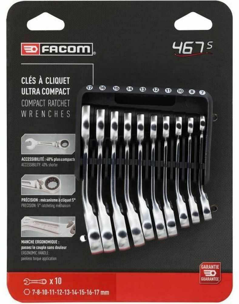 Facom 467BS.JP10PB reketiniai kombinaciniai raktai, 10 vnt., 72 dantys, 15° poslinkis, trumpa rankena, OGV® profilis