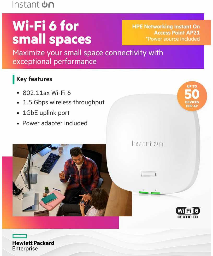 Maršrutizatorius Hewlett Packard (HP) „HPE Networking Instant On AP21“ (RW) dviejų radijo dažnių 2x2 „Wi-Fi 6“ prieigos taško paketas su RW maitinimo šaltiniu