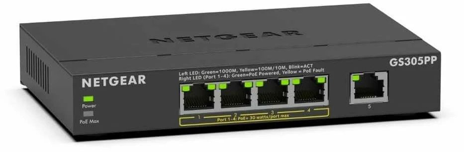 Šakotuvas NETGEAR GS305PP nevaldomas gigabito eternetas (10/100/1000) su maitinimu per eternetą (PoE) Juodas