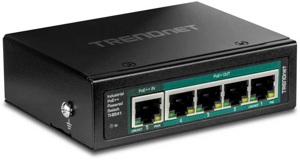 Šakotuvas Switch TRENDnet TI-B541 5-portowy na szynę DIN, zasilany PoE su funkcija PoE Pass-Through (21.22.1560)