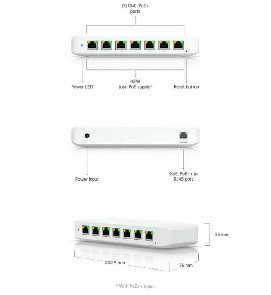 Šakotuvas UBIQUITI UniFi Switch Ultra 210 W / 8 privatumas / 2 jungikliai / 1 PoE++ lizdas / 7 PoE / PoE+ jungiklis / USW-Ultra-210 W