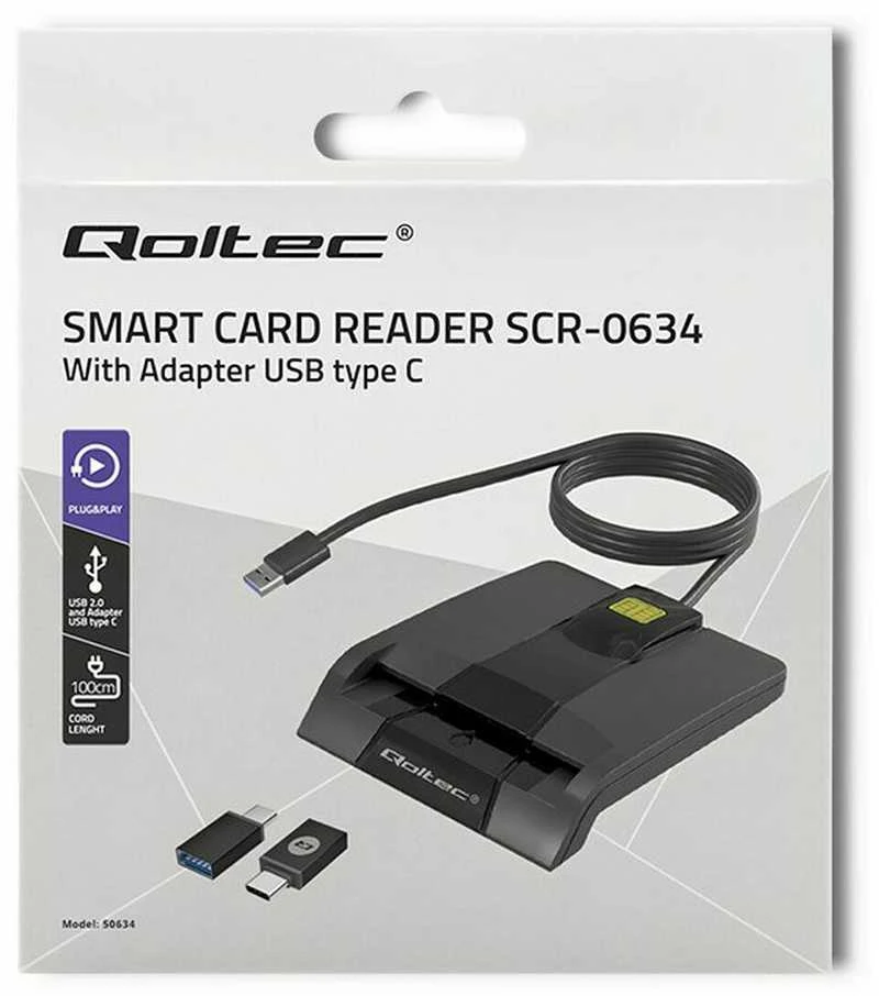 QOLTEC 50634 Išmanusis Smart ID lustinių kortelių skaitytuvas SCR0634 USB Type C