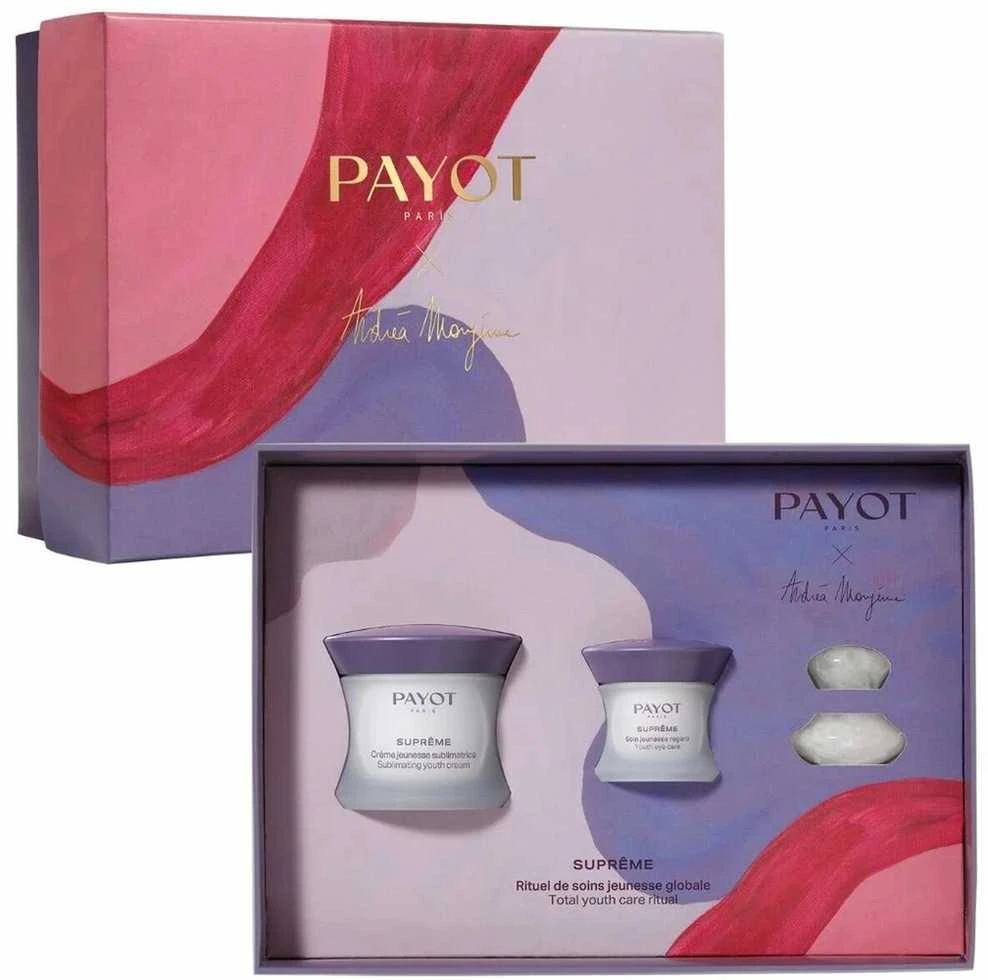 Set Payot: Supreme Sublimating Anti-Aging Day Kreminis For Face, 50 ml + Supreme Jeunesse Le Regard Hydrating Paakių kremas, 15 ml + Gua Sha Baltas Lifting Face Massage Stone