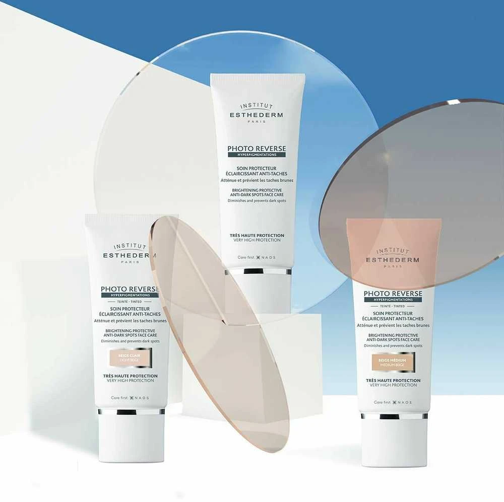 Institut Esthederm Institut Estherderm Photo Reverse rusvai gelsvas Medium apsauginis kremas nuo tamsių dėmių didelė apsauga nuo saulės 50ml