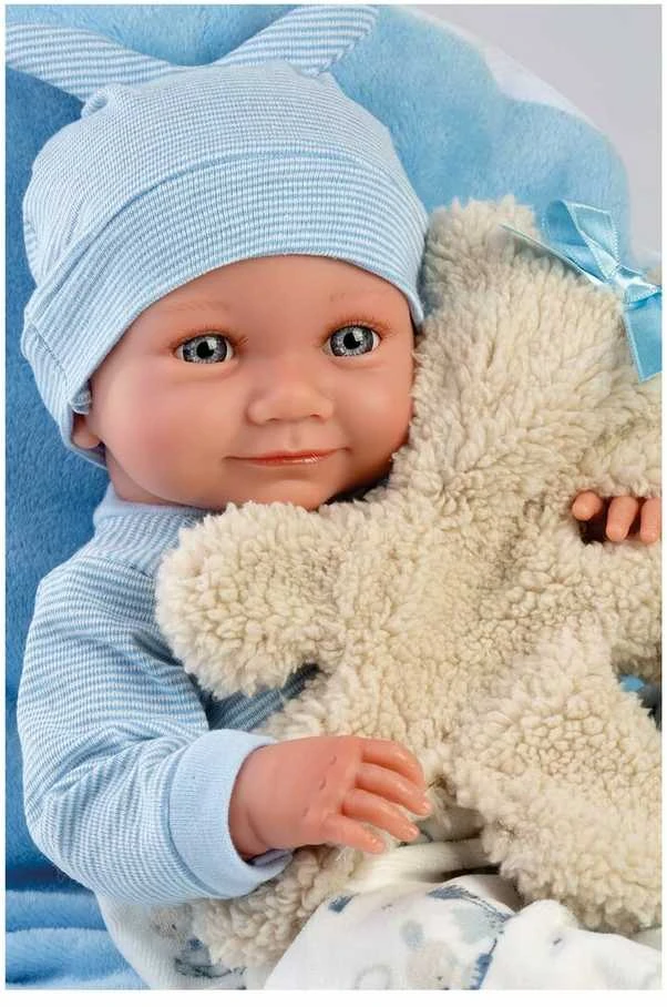 Llorens Llorens 73807 Vinilinė lėlė 40 cm Nico su mėlyna pagalve ir mielu žaislu