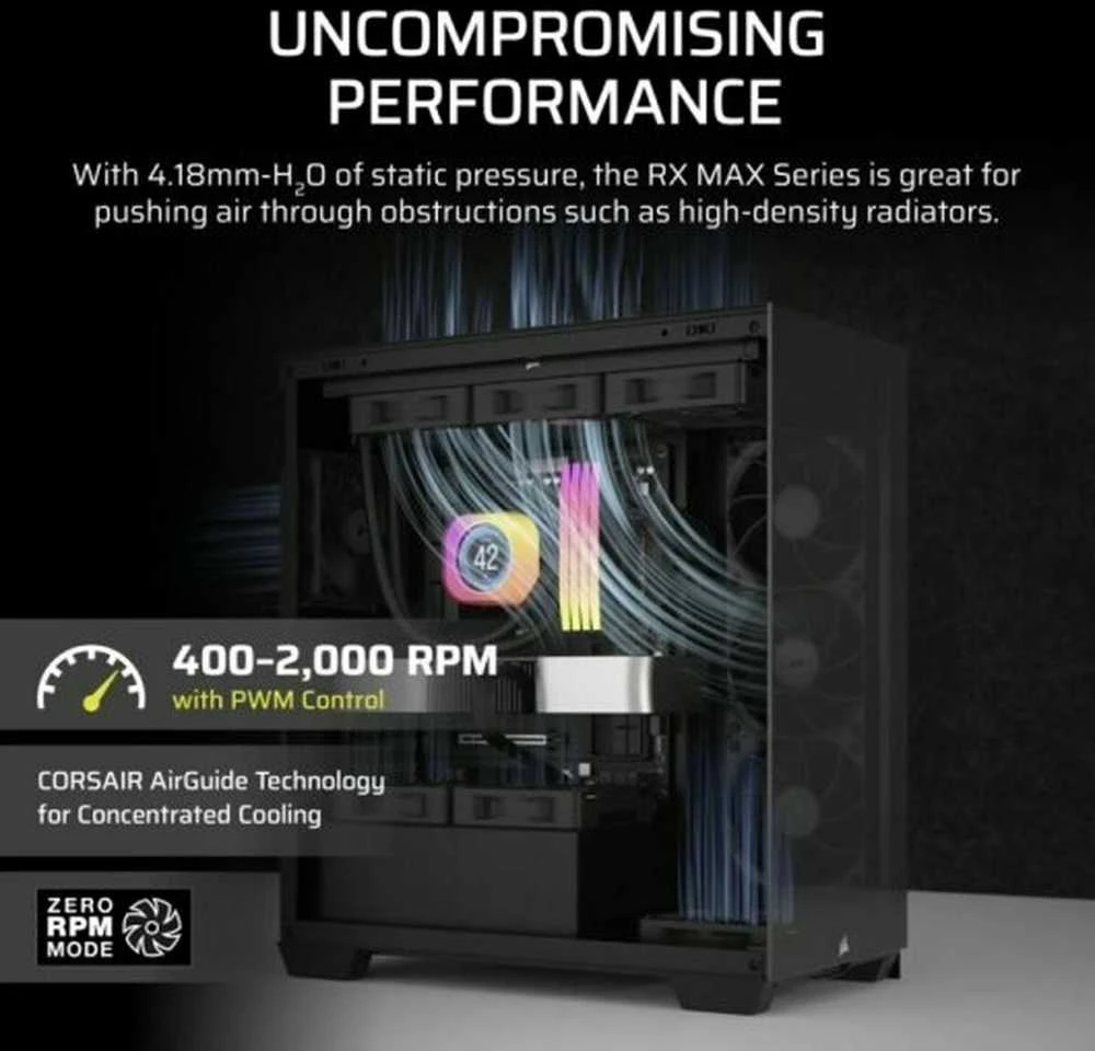 „Corsair iCUE LINK RX120 MAX“ serijos PWM ventiliatoriai, 3 vnt. pakuotėje – 120 mm, juodas