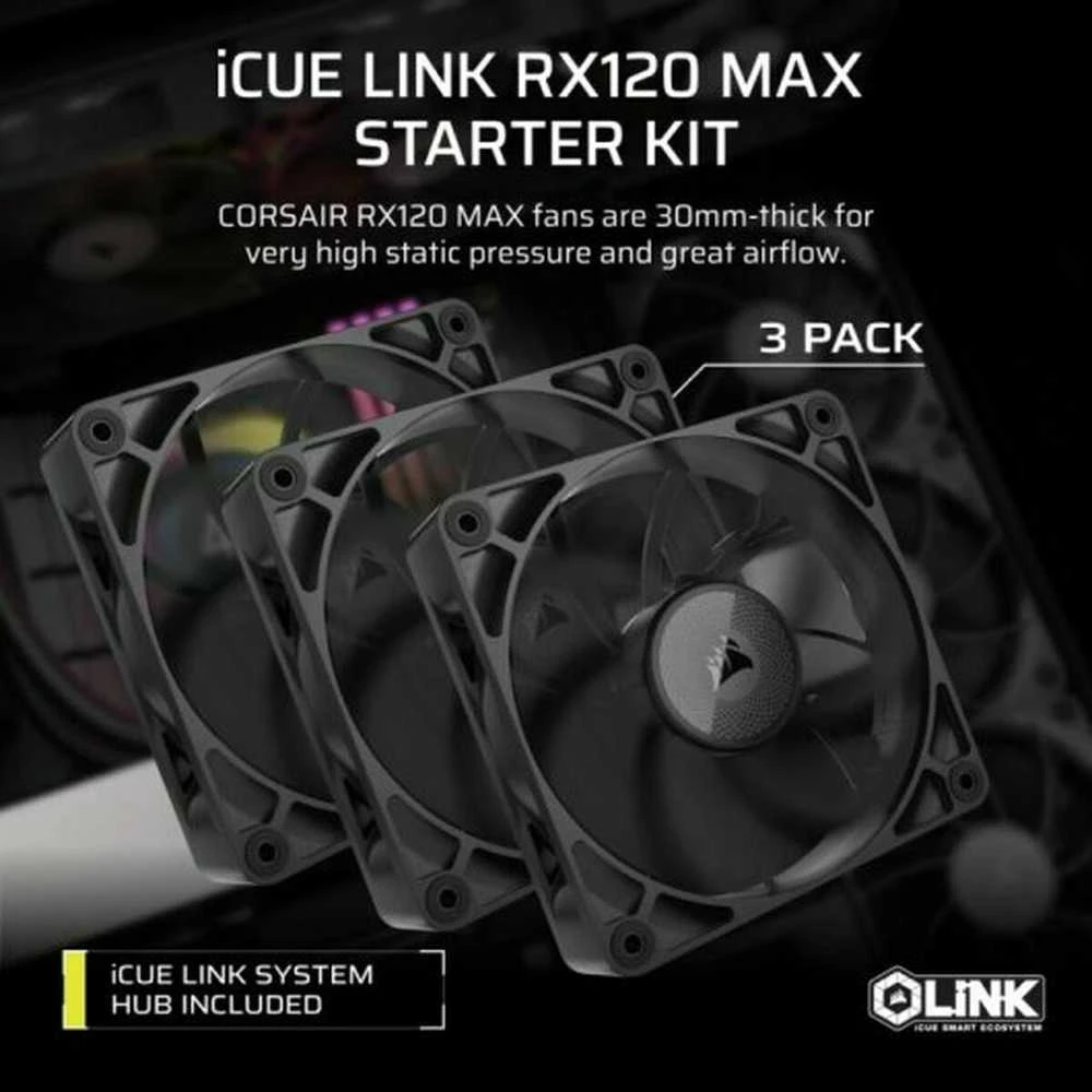 „Corsair iCUE LINK RX120 MAX“ serijos PWM ventiliatoriai, 3 vnt. pakuotėje – 120 mm, juodas