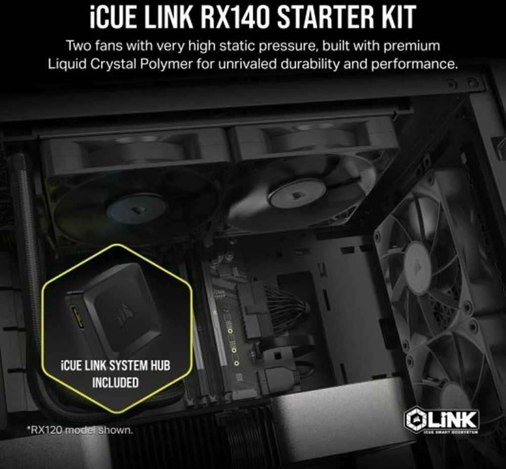 Corsair iCUE LINK RX140 Series, PWM korpuso ventiliatorius 2er Pack – 140mm, juodos spalvos