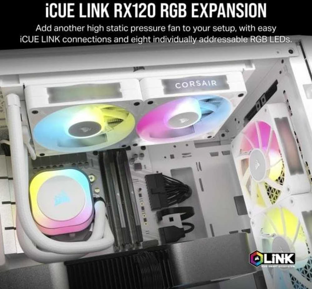 „Corsair iCUE LINK RX120 RGB“ serijos PWM ventiliatorius, 120 mm, baltas