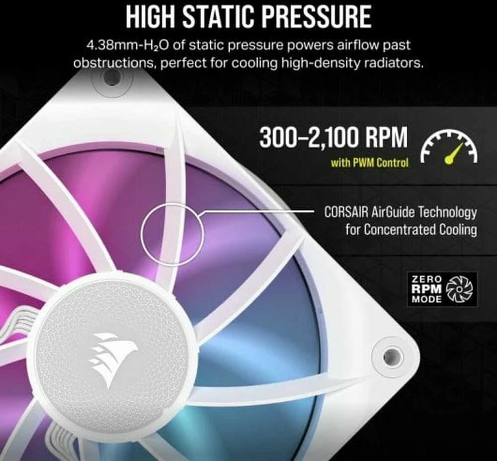 „Corsair iCUE LINK RX120 RGB“ serijos PWM ventiliatorius, 120 mm, baltas