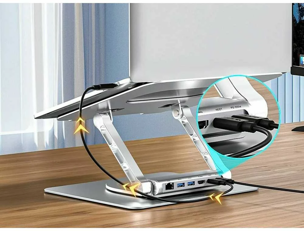Reguliuojamas nešiojamojo kompiuterio stovas + USB-C HDMI šakotuvas Unitek D1109B01 PD 100W