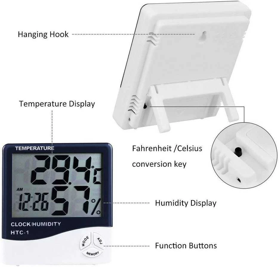 Elektroninis LCD termometras su laikrodžiu ir data