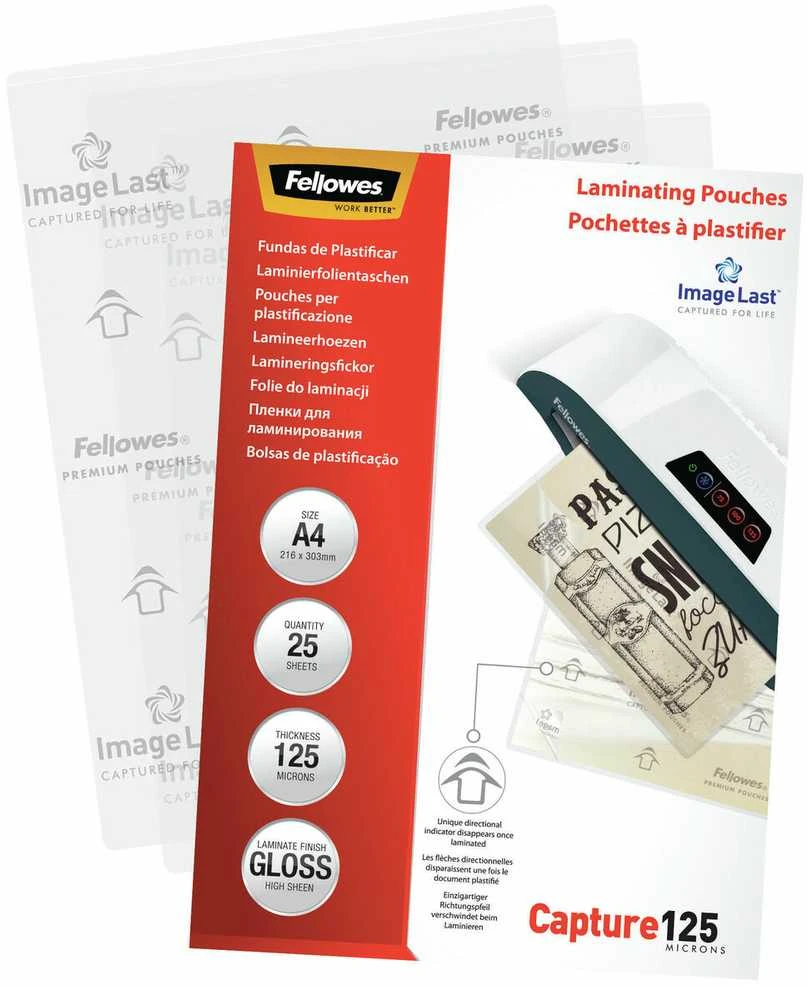 Fellowes | Laminavimo maišelis | A4 | Skaidrus | Storis: 125 mikronai, kiekis pakuotėje: 25 vnt.; Unikalus krypties rodyklės kokybės ženklas išnyksta laminavus.