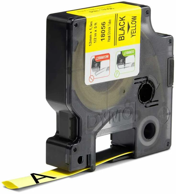 DYMO Rhino Professional, pastebimas susitraukiantis vamzdelis, 12x1,5 mm, juodas tekstas ant geltonos žarnos, 1,5 m, 18056