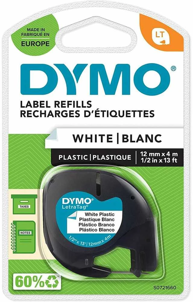 Juostelė DYMO LetraTag 12mm x 4m, plastikinė, juoda ant balto / S0721660 91221