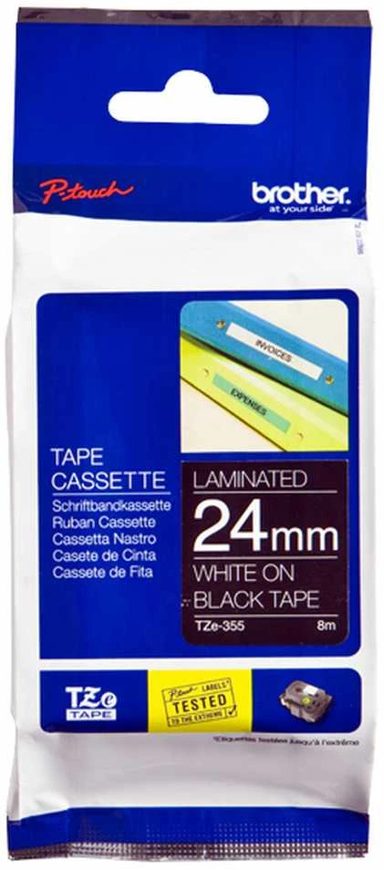 Brother | TZe-355 Laminated Tape | Baltas on Juodas | TZe | 8 m | 2.4 cm