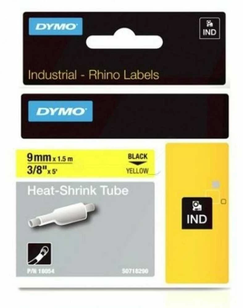 DYMO Rhino, kabelių žymėjimo vamzdelis, 9 mm, juodas tekstas ant geltonosio vamzdelio, 1,5 m skirtas kabelio skersmeniui nuo 2,0 mm iki 5,2 mm. DYMO / 18054