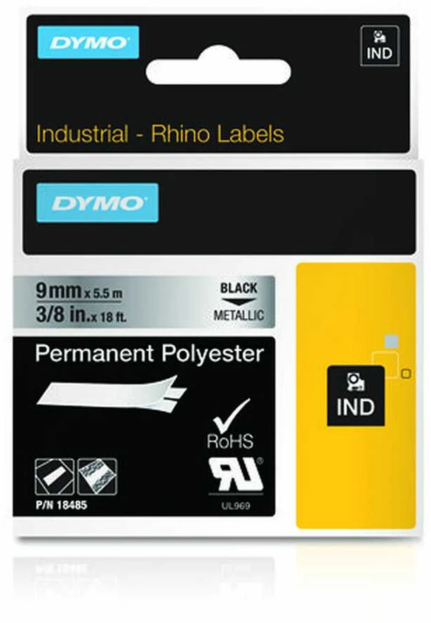 DYMO Rhino Poliesterio Juostelė 9mm x 5.5m / juodas ant metalizuotos (18485)